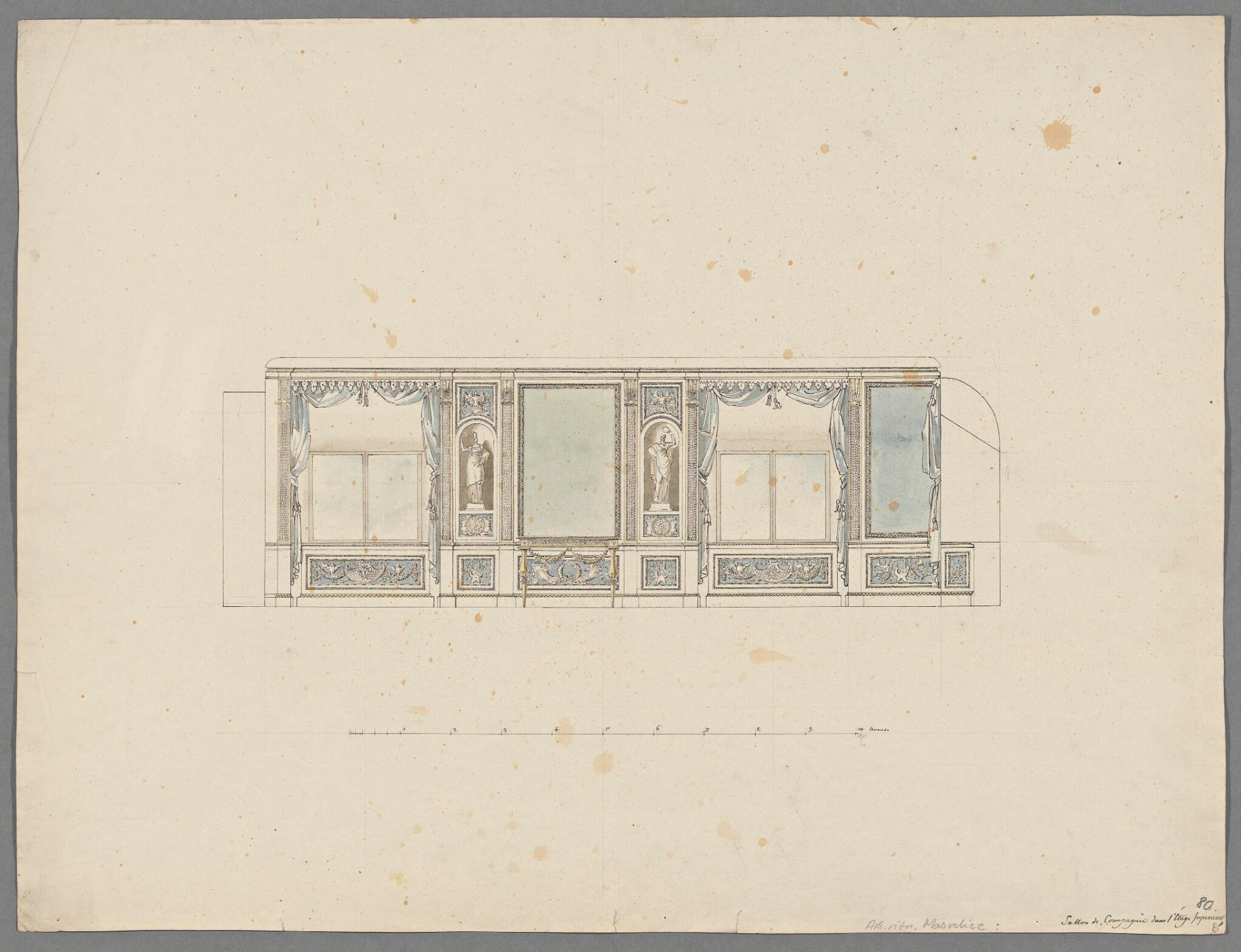 Late 18th-century watercolour elevation of a neoclassical salon interior with draped windows and grisaille figures